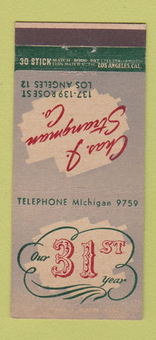 Matchbook Cover - Chas Strangman Los Angeles CA Sheet Metal 30 Stick