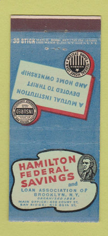 Matchbook Cover - Hamilton Federal Savings Brooklyn NY Alexander 30 Stick