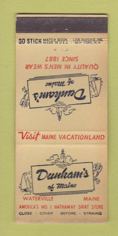 Matchbook Cover - Dunham's Waterville ME clothes WORN 30 Stick