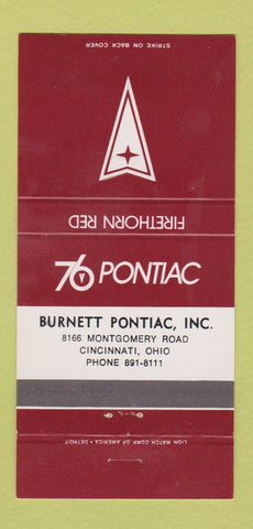 Matchbook Cover - 1976 Pontiac Burnett Cincinnati OH Firethorn Red 30 Strike
