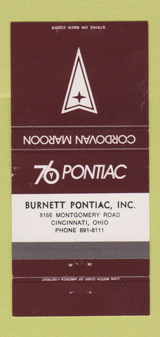 Matchbook Cover - 1976 Pontiac Burnett Cincinnati OH Cordovan Maroon 30 Strike