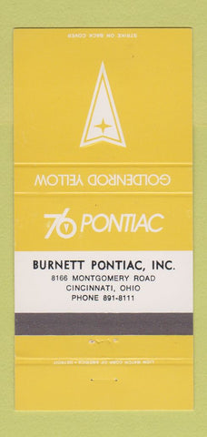 Matchbook Cover - 1976 Pontiac Burnett Cincinnati OH Goldenrod Yellow 30 Strike