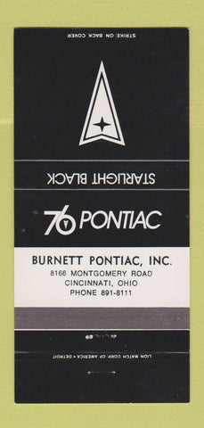 Matchbook Cover - 1976 Pontiac Burnett Cincinnati OH Starlight Black 30 Strike