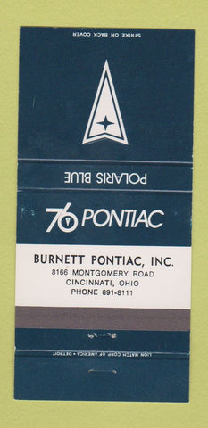 Matchbook Cover - 1976 Pontiac Burnett Cincinnati OH Polaris Blue 30 Strike