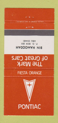 Matchbook Cover - Bin Hamoodah Pontiac Abu Dhabi Fiesta Orange 30 Strike