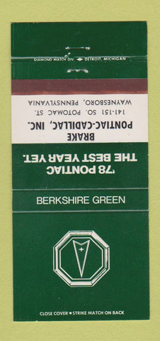 Matchbook Cover - 1978 Pontiac Cadillac Waynesboro PA Berkshire Green 30 Strike