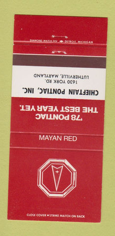 Matchbook Cover - 1978 Pontiac Lutherville MD Mayan Red 30 Strike