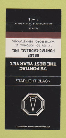 Matchbook Cover - 1978 Pontiac Cadillac Waynesboro PA Starlight Black 30 Strike