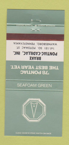 Matchbook Cover - 1978 Pontiac Cadillac Waynesboro PA Seafoam Green 30 Strike