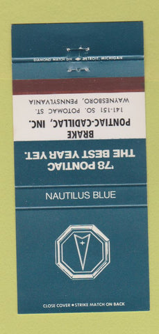 Matchbook Cover - 1978 Pontiac Cadillac Waynesboro PA Nautilus Blue 30 Strike