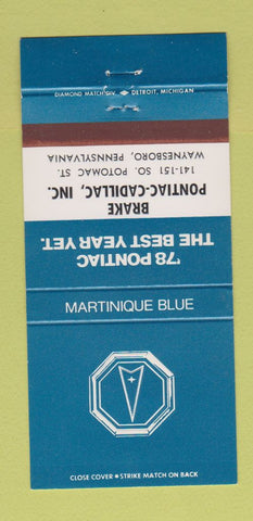 Matchbook Cover - 1978 Pontiac Cadillac Waynesboro PA Martinique Blue 30 Strike