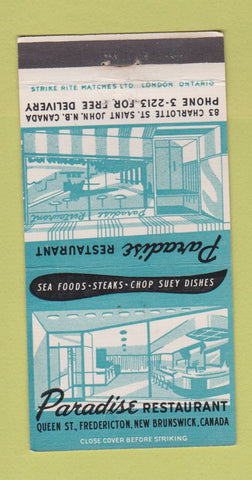 Matchbook Cover - Paradise Restaurant Fredericton NB 30 Strike