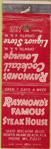 Matchbook Cover - Raymond's Cocktail Lounge steaks North Miami Beach FL