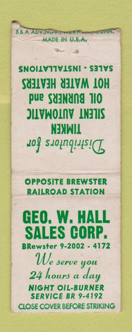 Matchbook Cover - Geo Hall Timken Oil Burners oil gas Brewster MA? BOBTAIL