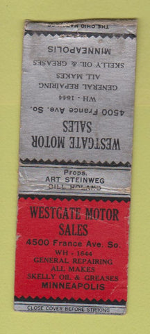 Matchbook Cover - Westgate Motors Skelly oil gas Minneapolis MN WORN BOBTAIL