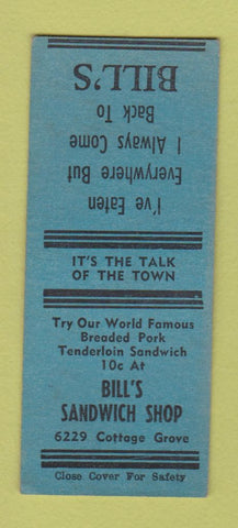 Matchbook Cover - Bill's Sandwich Shop BOBTAIL