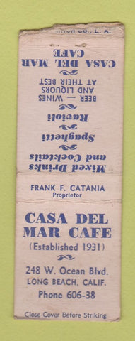 Matchbook Cover - Casa Del Mar Cafe Long Beach CA Crown BOBTAIL