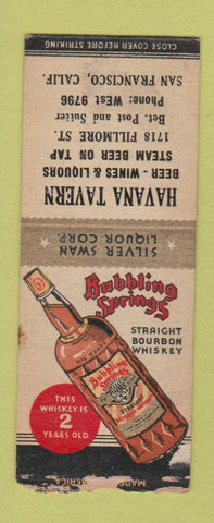 Matchbook Cover Bubbling Springs Whiskey Havana Tavern San Francisco CA BOBTAIL