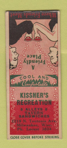 Matchbook Cover - Kissner's Recreation bowling Milwaukee WI BOBTAIL