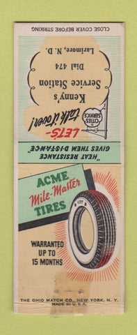 Matchbook Cover - Acme Tires Cities oil gas Kenny's Larimore ND WORN BOBTAIL