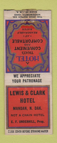 Matchbook Cover - Lewis and Clark Hotel Mandan ND WORN BOBTAIL