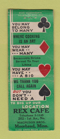 Matchbook Cover - Rex Cafe Moorhead MN WEAR BOBTAIL