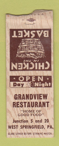 Matchbook Cover - Grandview Restaurant West Springfield PA BOBTAIL