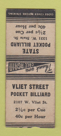 Matchbook Cover - Vliet Street Billards  WEAR BOBTAIL