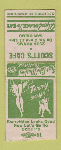 Matchbook Cover - Scott's Cafe San Diego CA Terry Says girlie BOBTAIL