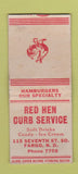 Matchbook Cover - Red Hen Curb Service Fargo ND BOBTAIL