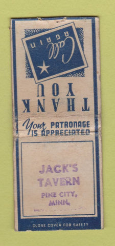 Matchbook Cover - Jack's Tavern Pine City MN BOBTAIL