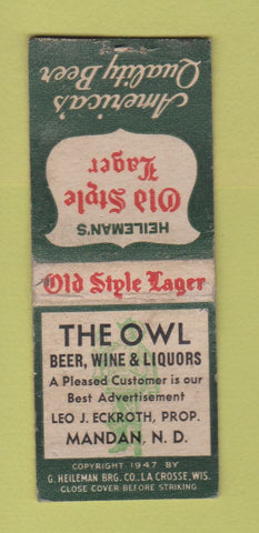 Matchbook Cover - Owl Liquors Mandan ND Old Style Beer WEAR BOBTAIL