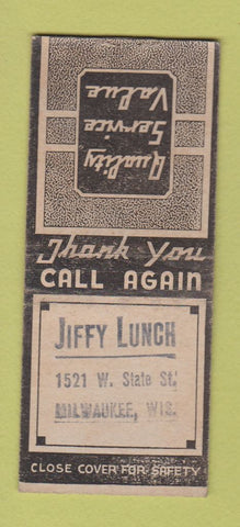 Matchbook Cover - Jiffy Lunch Milwaukee WI STAMPED BOBTAIL