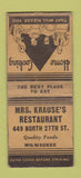 Matchbook Cover - Mrs Krause's Restaurant Milwaukee WI WORN BOBTAIL