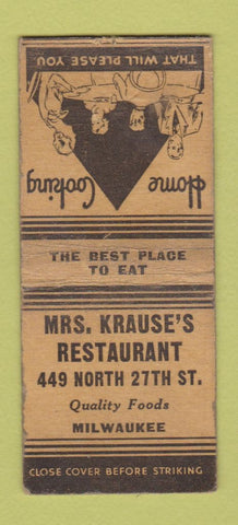 Matchbook Cover - Mrs Krause's Restaurant Milwaukee WI WORN BOBTAIL