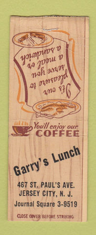 Matchbook Cover - Garry's Lunch Jersey City ND BOBTAIL