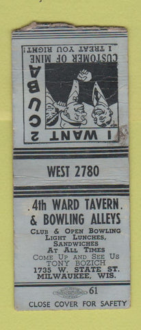 Matchbook Cover - 4th Ward Tavern Bowling Milwaukee WI girlie WORN BOBTAIL