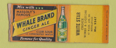 Matchbook Cover - Whale Brand Ginger Ale White Star Minneapolis MN WEAR BOBTAIL
