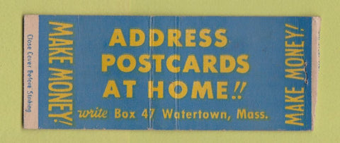 Matchbook Cover - Work At Home Postcards Watertown MA BOBTAIL