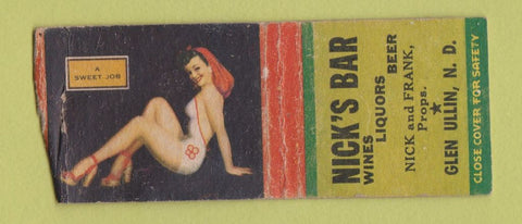 Matchbook Cover - Nick's Bar Glen Ullin ND pinup WEAR BOBTAIL