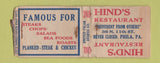 Matchbook Cover - Hind's Restaurant Philadelphia PA United Cigar WEAR BOBTAIL