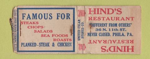 Matchbook Cover - Hind's Restaurant Philadelphia PA United Cigar WEAR BOBTAIL