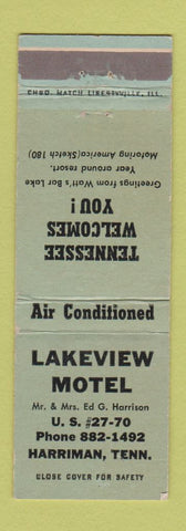 Matchbook Cover - Lakeview Motel Harriman TN