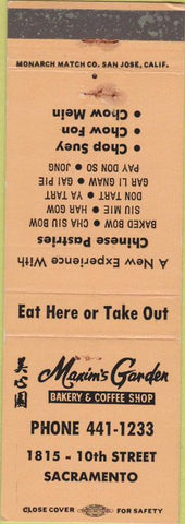 Matchbook Cover - Maxim's Garden Bakery Sacramento CA