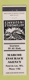 Matchbook Cover - Marcoe Insurance Fond Du Lac WI low phone #