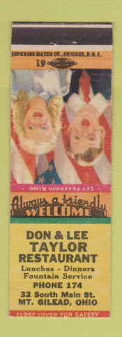 Matchbook Cover - Don and Lee Taylor Restaurant Mount Gilead OH low phone #