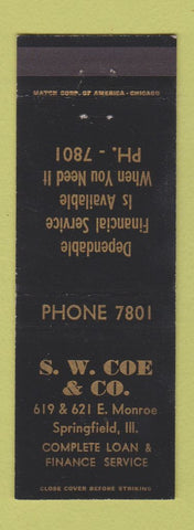 Matchbook Cover - SW Coe Financial Services Springfield IL