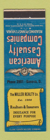 Matchbook Cover - Miller Real Estate Insurance Geneva OH
