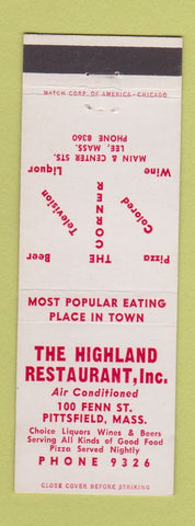 Matchbook Cover - Highland Restaurant Pittsfield MA