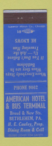 Matchbook Cover - American Hotel Bus Terminal Bethlehem PA